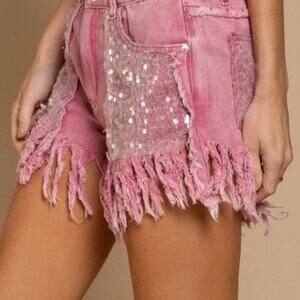 POL EUC Bling Fringe Sequin Denim Shorts Large Barbie Pink